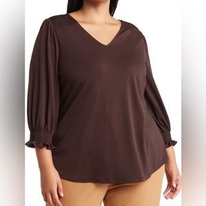 Adrianna Papell Brown Smocked Cuff V-Neck Blouse 2X